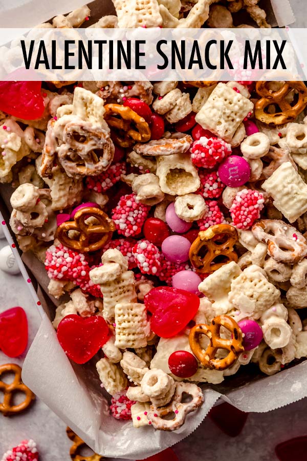 This fun-to-eat, no bake snack mix is made with white chocolate, cereal, pretzels, festive sprinkles, and gummy Valentine's Day candy. via @frshaprilflours