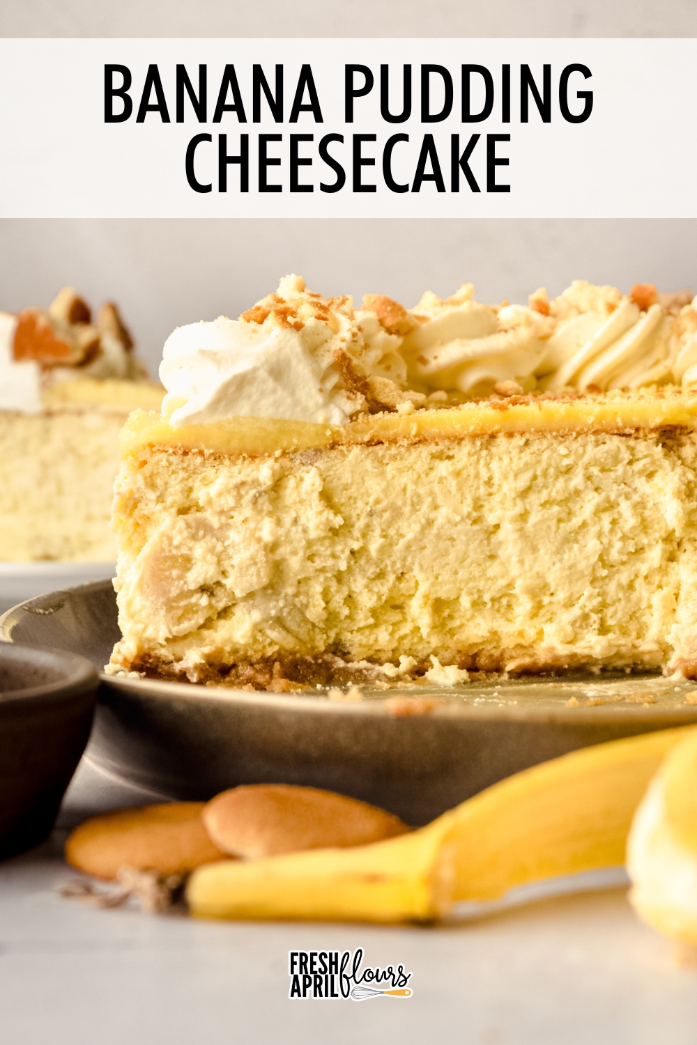 This decadent and creamy cheesecake is flavored with roasted bananas and topped with vanilla pudding, whipped cream, and crushed Nilla wafers. via @frshaprilflours