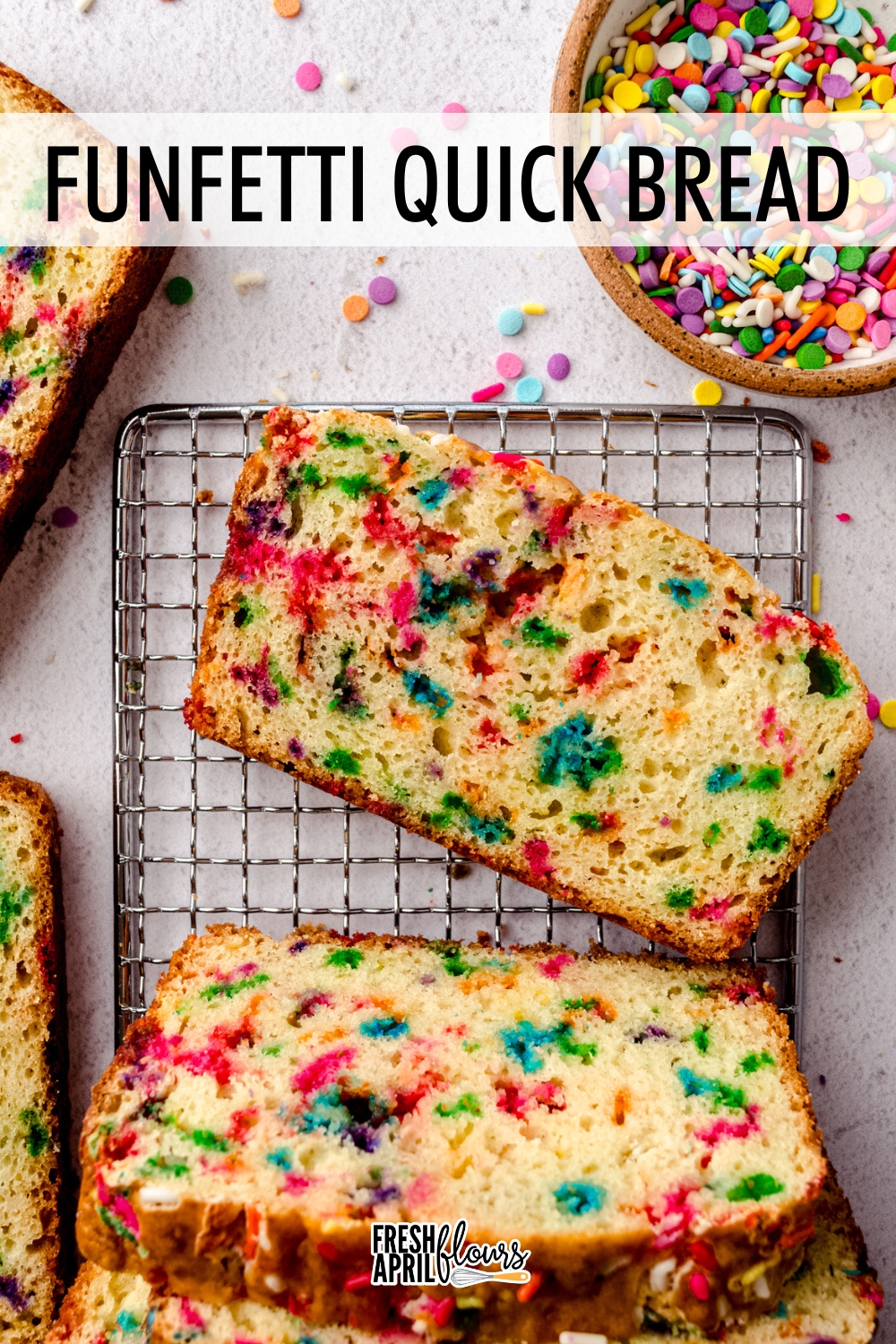 This easy vanilla almond quick bread is filled with colorful sprinkles, perfect for any celebration or color scheme. No mixer required! via @frshaprilflours