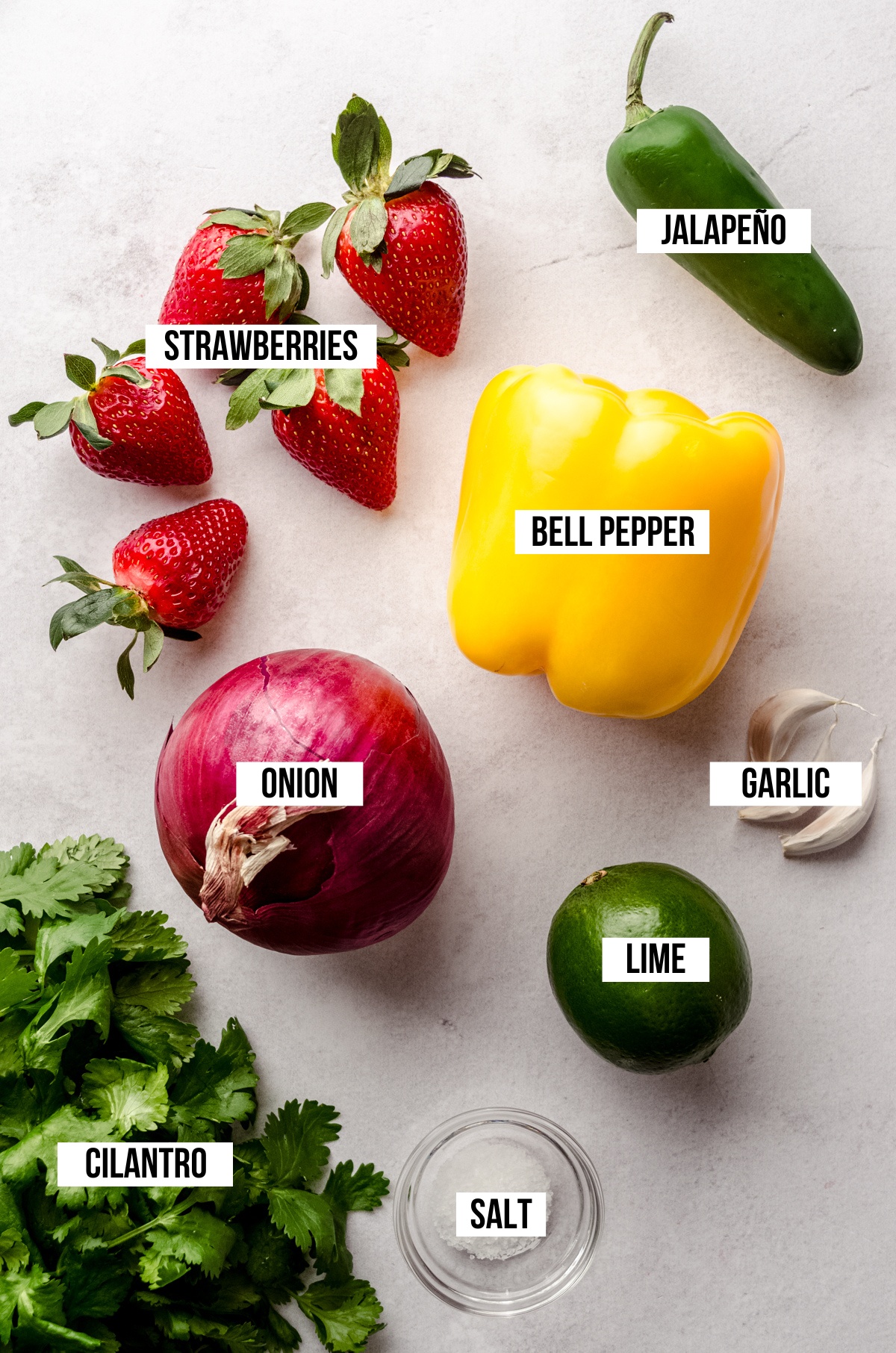 An aerial photo of ingredients for strawberry salsa with text overlay labeling each ingredient. 