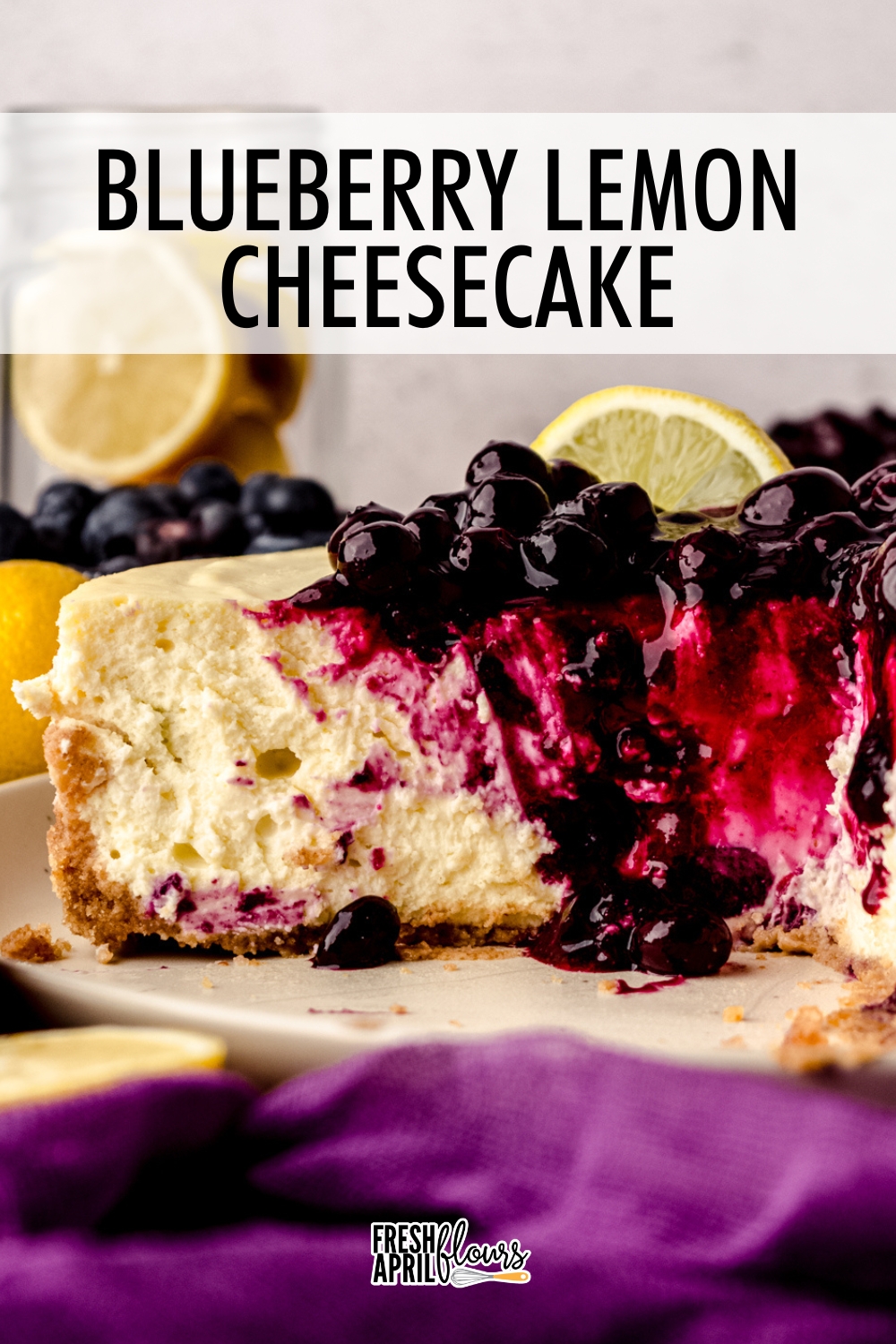Tart, sweet, and creamy lemon cheesecake filled with juicy blueberries and topped with a fresh blueberry sauce. Use my no-foil method to make the easiest cheesecake water bath. via @frshaprilflours