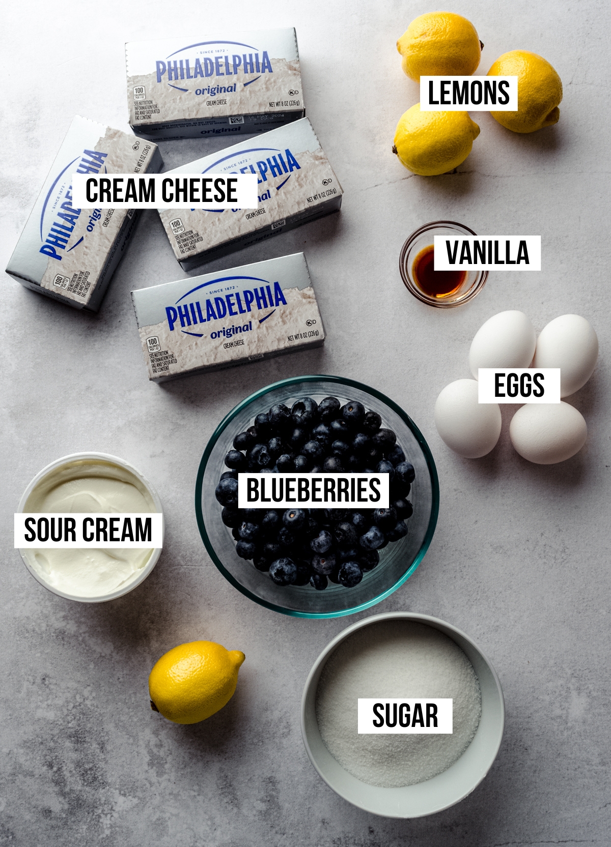 Aerial photo of ingredients for blueberry lemon cheesecake with text overlay labeling each ingredient. 