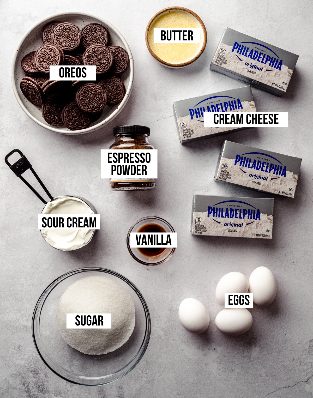 Aerial photo of ingredients for coffee cheesecake with text overlay labeling each ingredient.