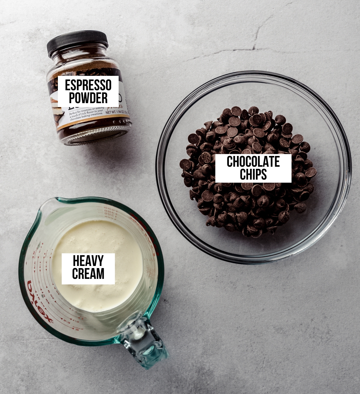 Aerial photo of ingredients for chocolate espresso ganache with text overlay labeling each ingredient.