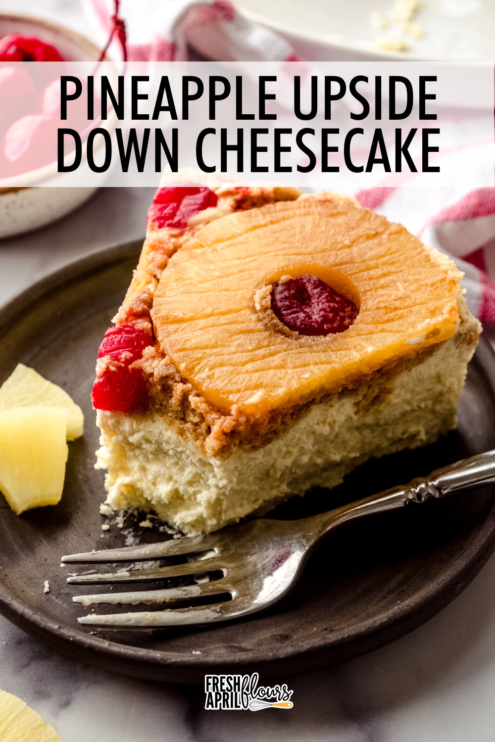 This ultra smooth and creamy cheesecake is delicately flavored with pineapple and topped with gooey brown sugared pineapple rings, sweet maraschino cherries, and a sticky graham cracker crust. Use my no-foil method to make the easiest cheesecake water bath. via @frshaprilflours