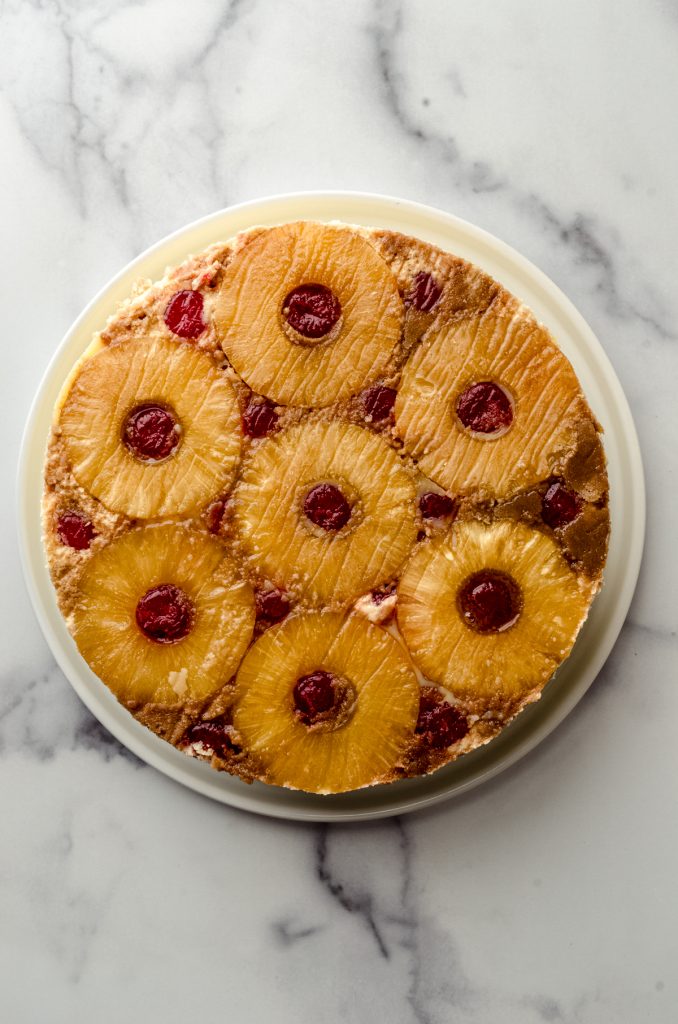 Aerial photo of a pineapple upside down cheesecake.