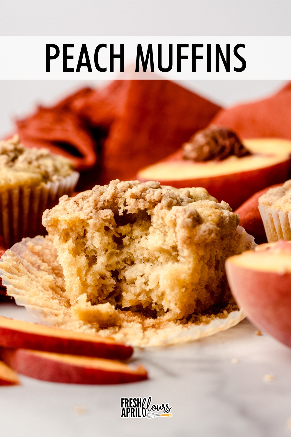 These moist and tender peach muffins are bursting with juicy peaches and complemented by a cinnamon and ginger streusel on top. Feel free to leave off the streusel if you'd like to make plain peach muffins.  via @frshaprilflours