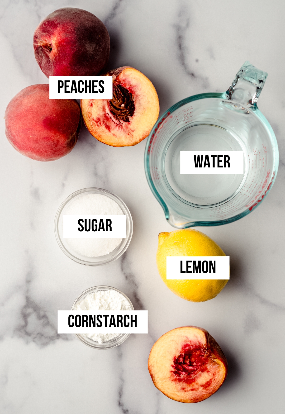 Aerial photo of ingredients to make homemade peach compote with text overlay labeling each ingredient.