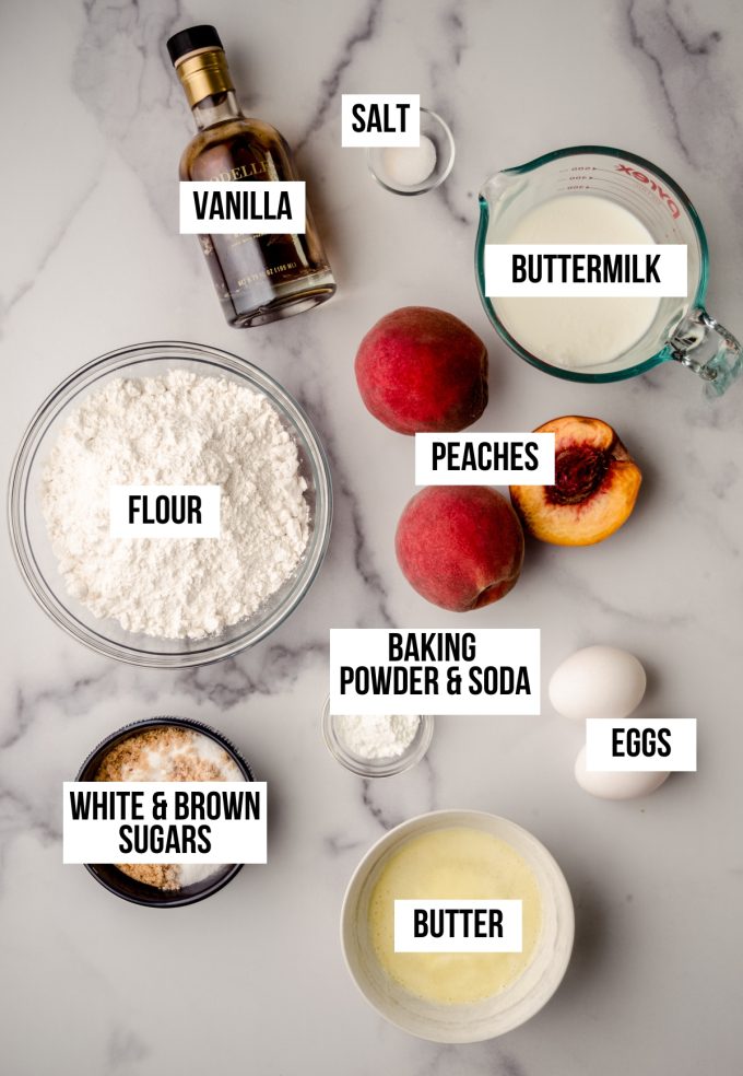 Aerial photo of ingredients to make peach muffins with text overlay labeling each ingredient.