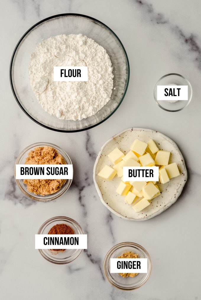 Aerial photo of ingredients to make streusel with text overlay labeling each ingredient.