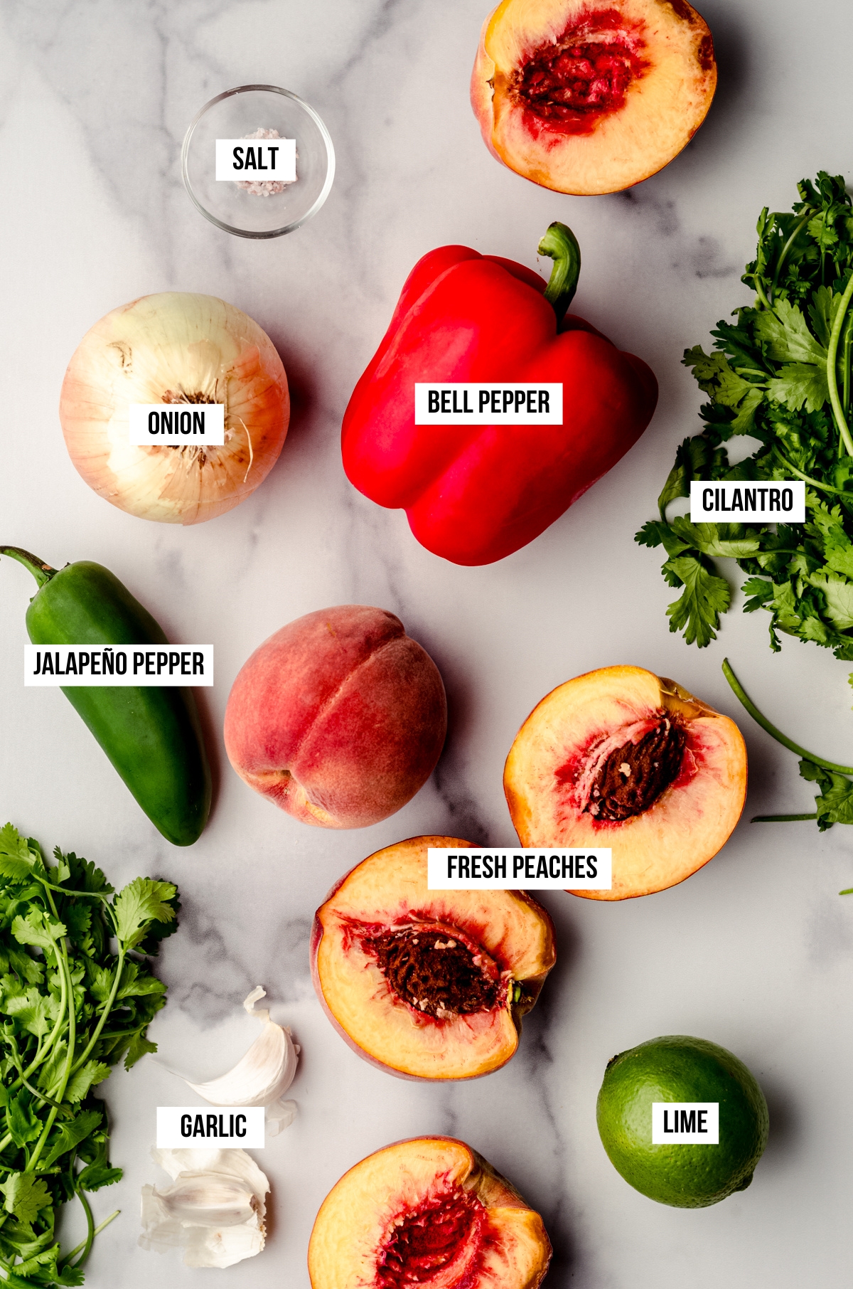 Aerial photo of ingredients to make peach salsa with text overlay.