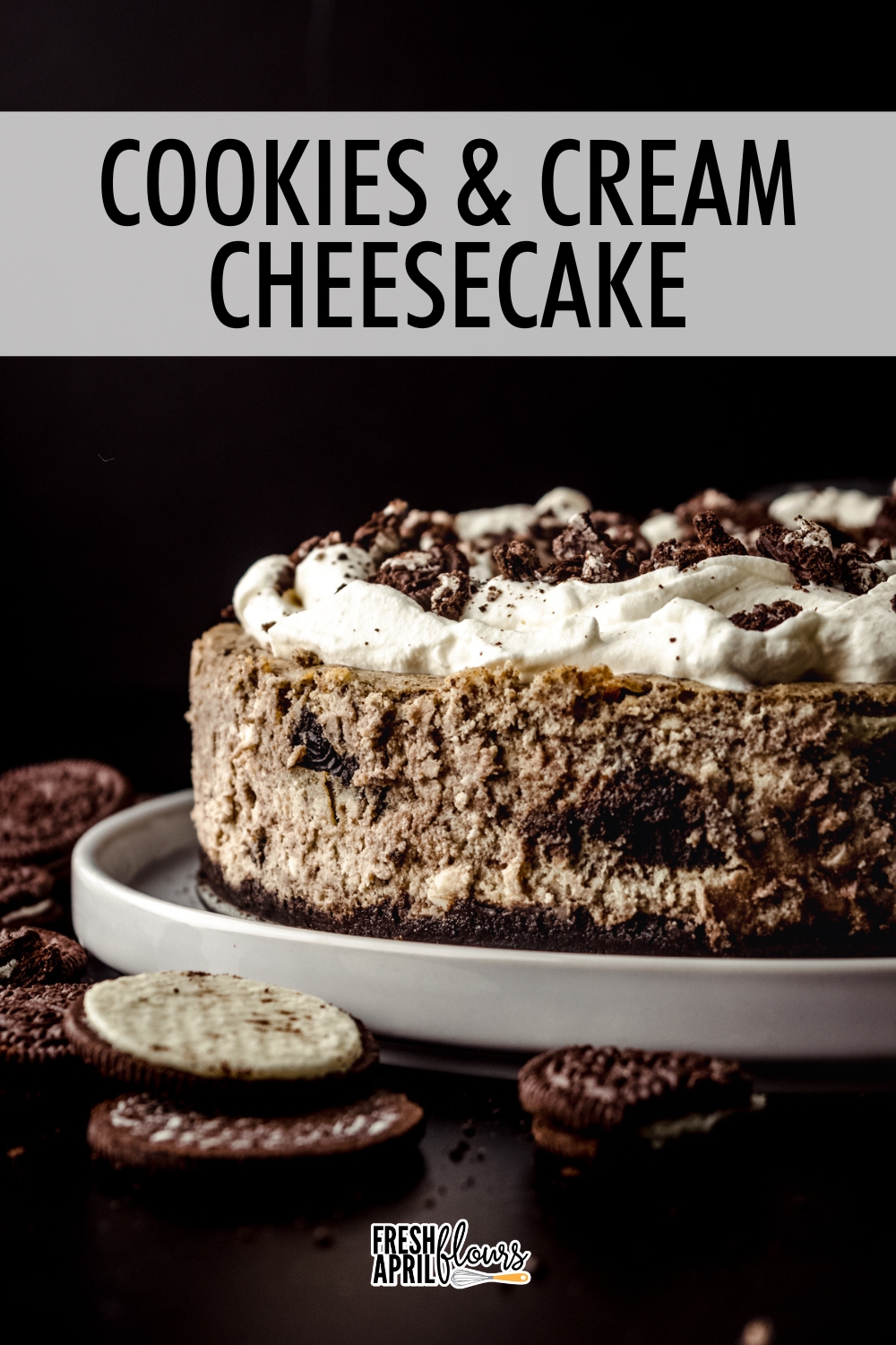 This cookies and cream cheesecake has Oreos in every layer beginning with the Oreo crust, a velvety smooth filling with crushed Oreos baked right in, and a ribbon of Oreo chunks through every bite. Top with fresh whipped cream and more crushed Oreos, and you've got yourself one epic Oreo cheesecake! Use my no-foil method to make the easiest cheesecake water bath. via @frshaprilflours