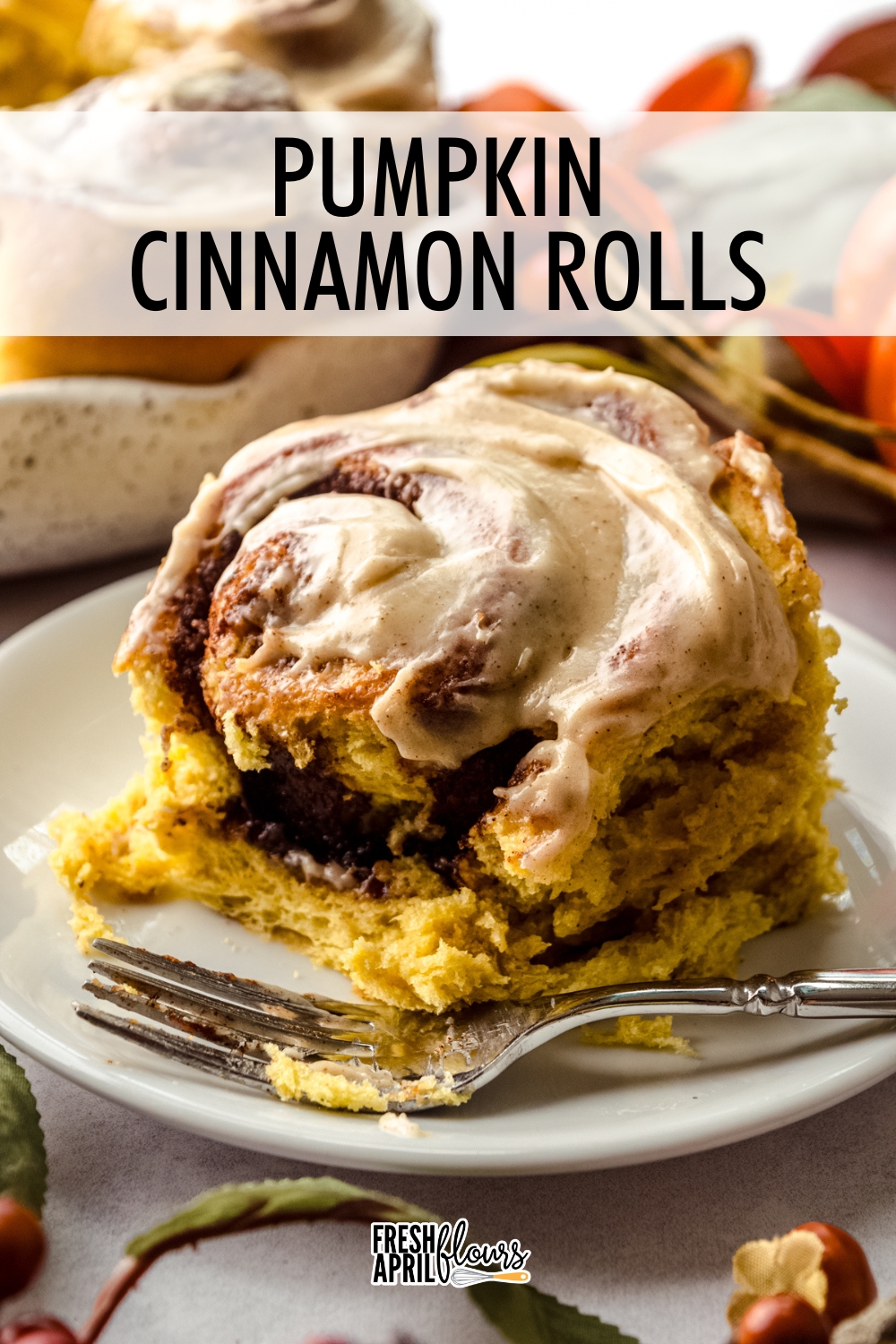 These soft and fluffy pumpkin cinnamon rolls are made with pumpkin kneaded right into the dough, a pumpkin spiced cinnamon swirl through every bite, and topped with maple cinnamon cream cheese frosting. Recipe includes instructions for making ahead to save time! via @frshaprilflours