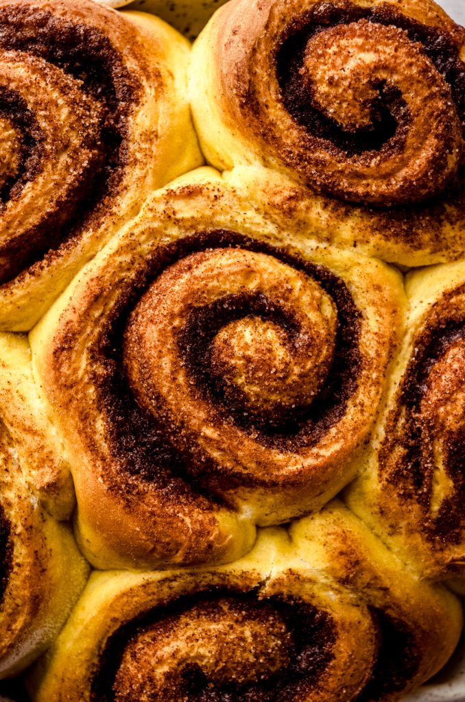 Closeup of a baked pumpkin cinnamon roll without frosting.