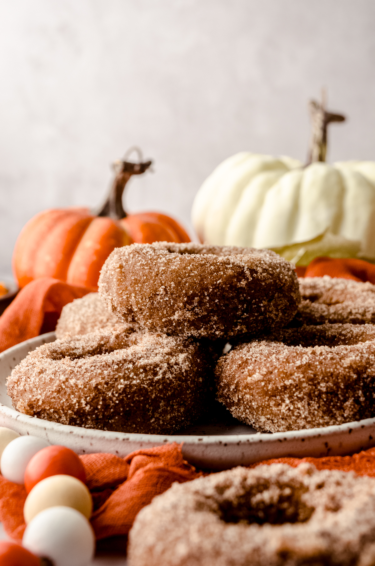 A plate of baked pumpkin donuts.