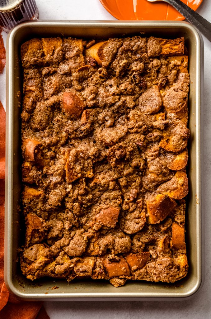 Aerial photo of a baking dish of pumpkin French toast casserole.