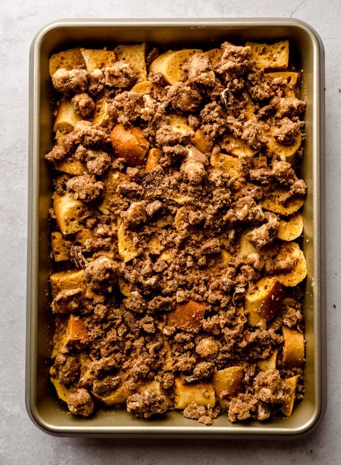 Aerial photo of a baking dish of pumpkin French toast casserole before baking.