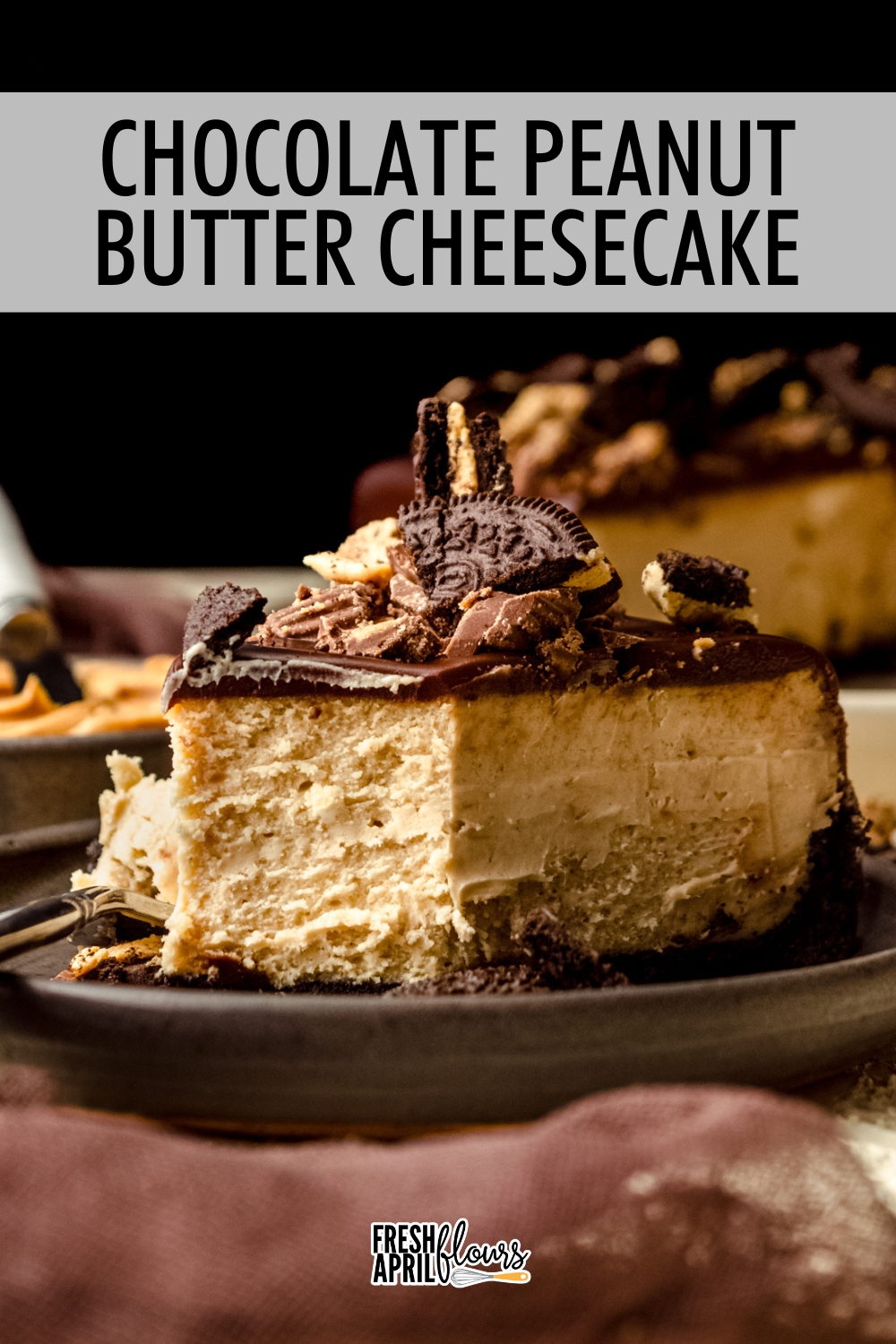 This ultra creamy peanut butter cheesecake topped with smooth chocolate ganache sits atop a peanut butter Oreo crust and gets finished with a topping of chopped peanut butter cups. Chocolate peanut butter lovers, this one is for you! via @frshaprilflours