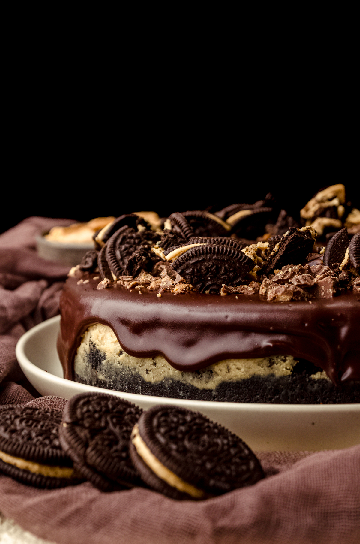 A chocolate peanut butter cheesecake on a plate.