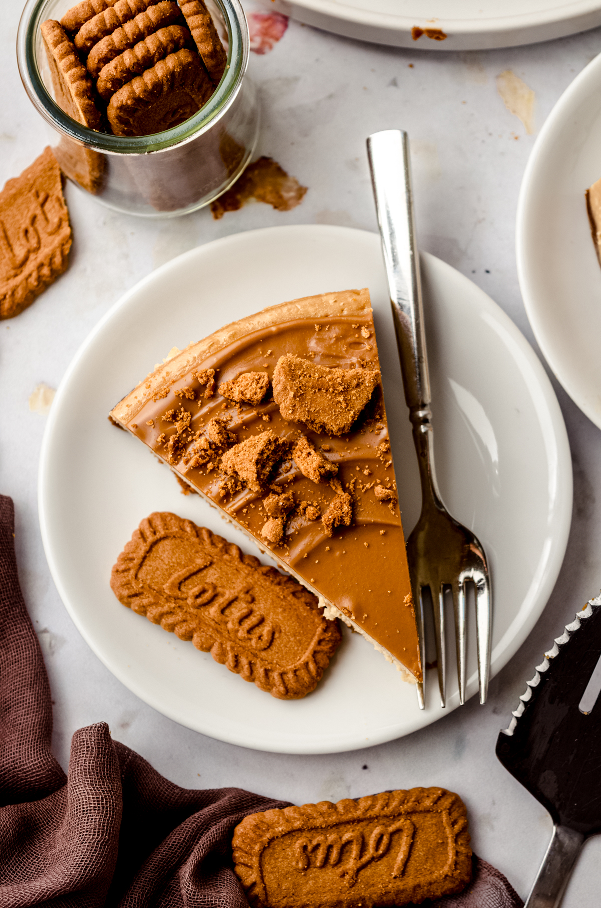 Aerial photo of a slice of Biscoff cheesecake on a plate with a fork and cookies are scattered around it.