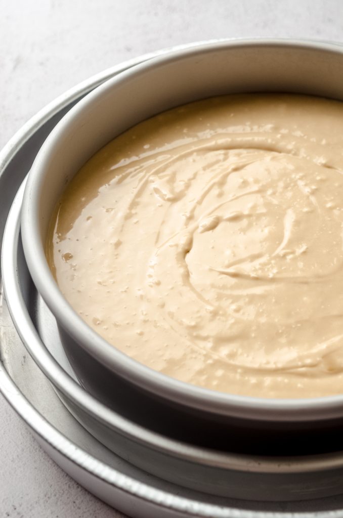 A Biscoff cheesecake in a pan ready to bake.