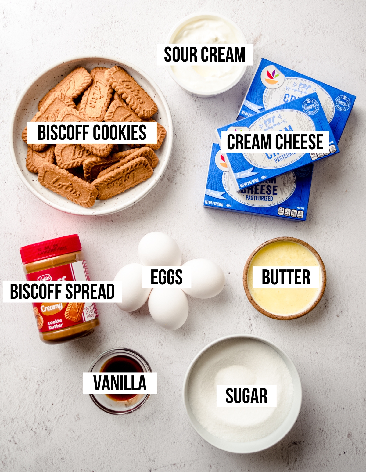 Aerial photo of ingredients to make Biscoff cheesecake with text overlay labeling each ingredient. 