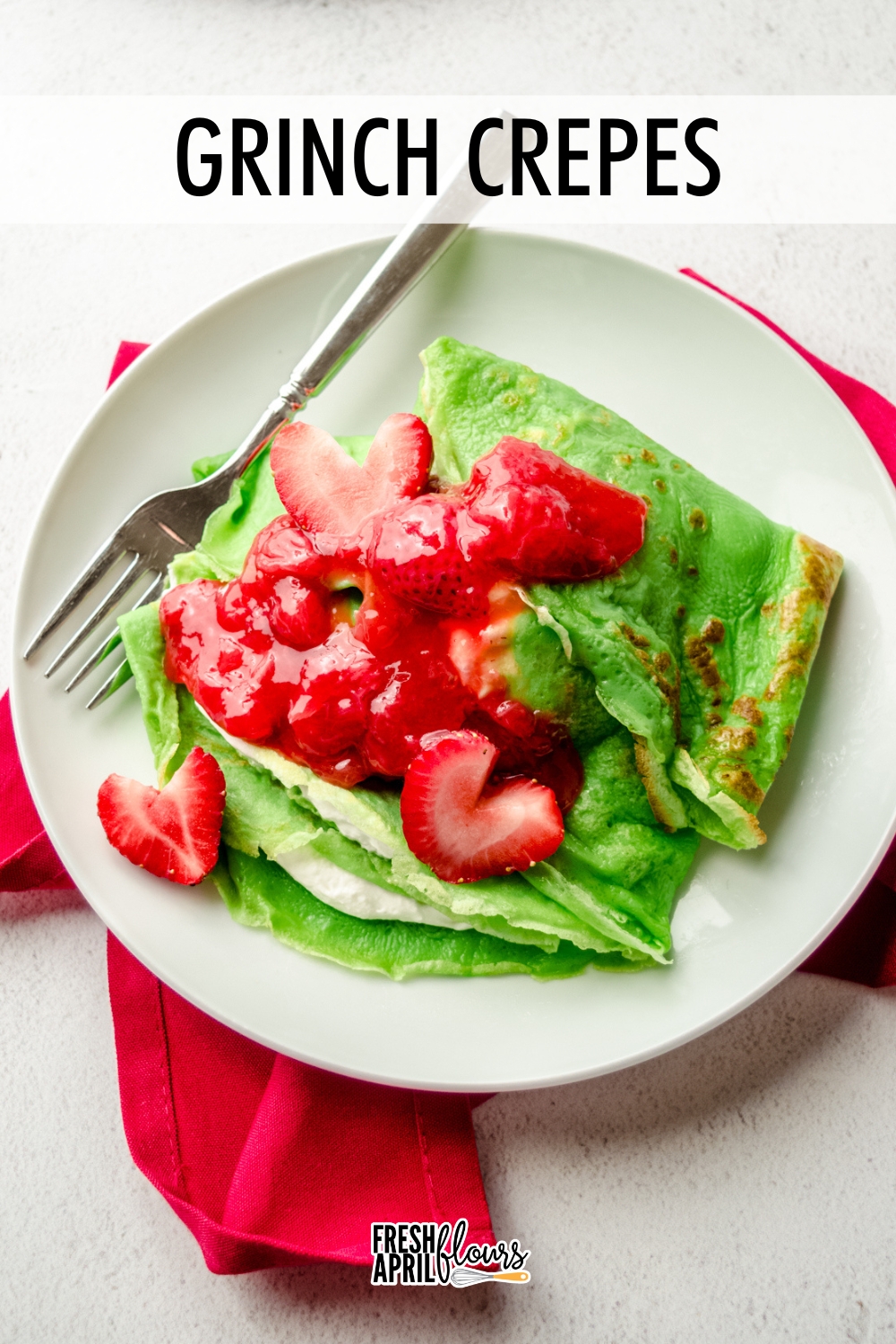 Make a holiday-themed dish one to remember with these festive Grinch crepes! By tinting my favorite buttery and delicate crepes a festive green, filling them with fluffy fresh whipped cream, and topping them with a vibrant red strawberry sauce, you’ll create a dish that’s as merry as it is memorable. via @frshaprilflours