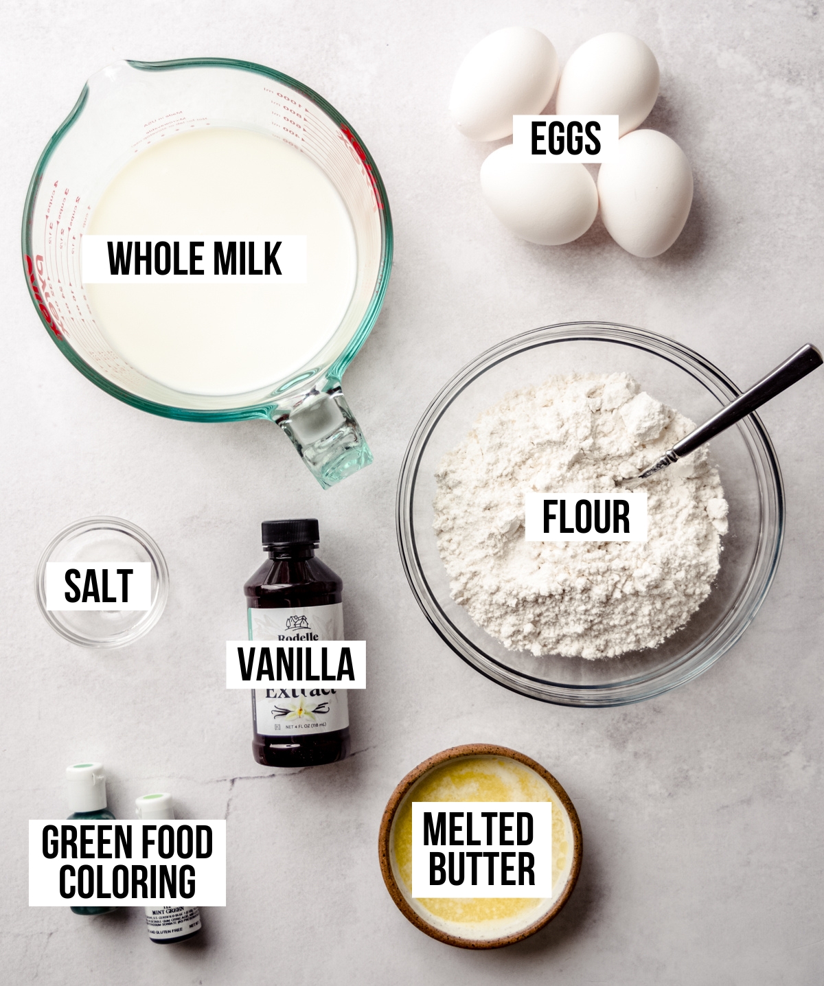 Aerial photo of ingredients to make Grinch crepes with text overlay labeling each ingredient. 