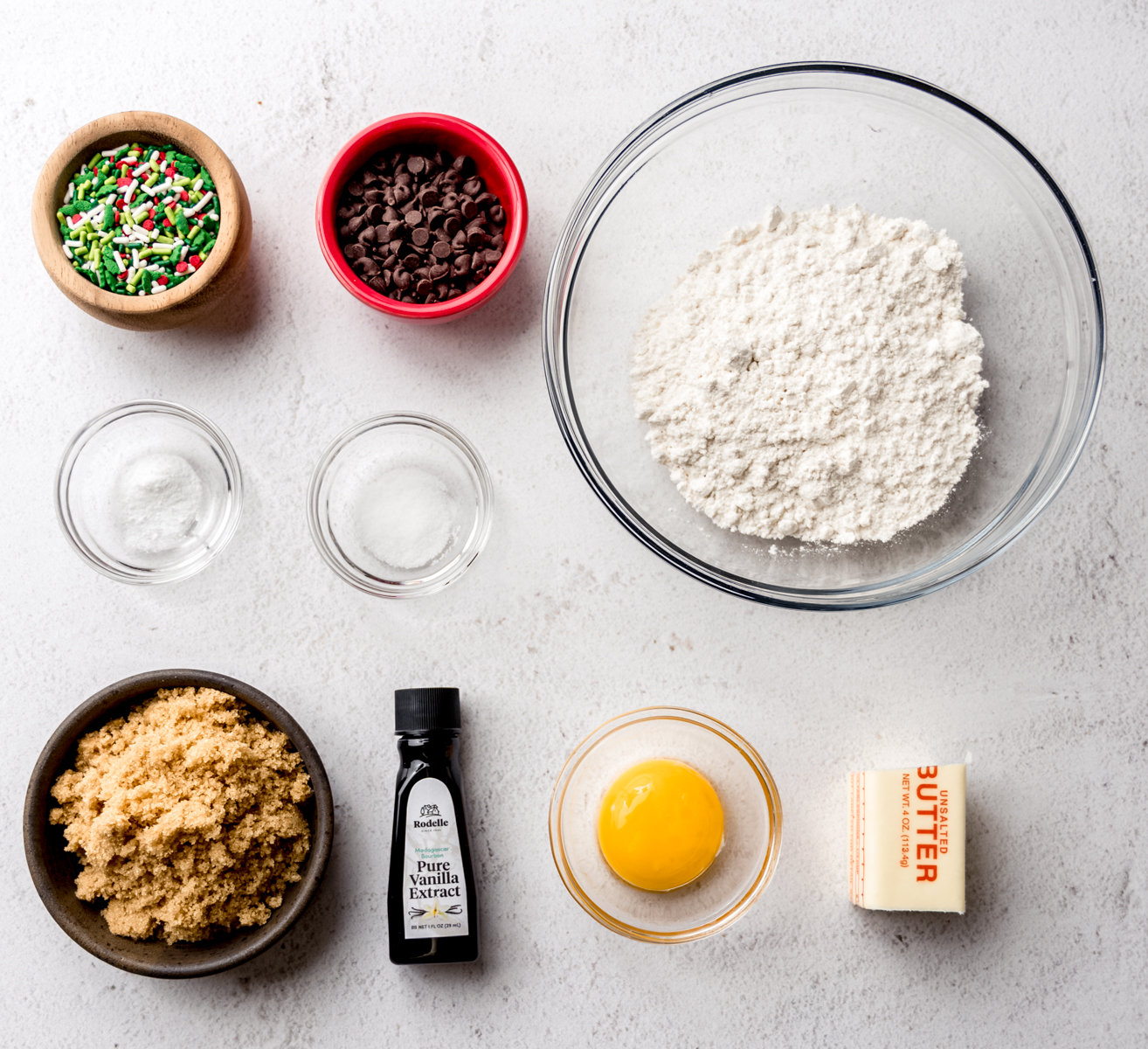 Aerial photo of ingredients to make Christmas chocolate chip cookies.