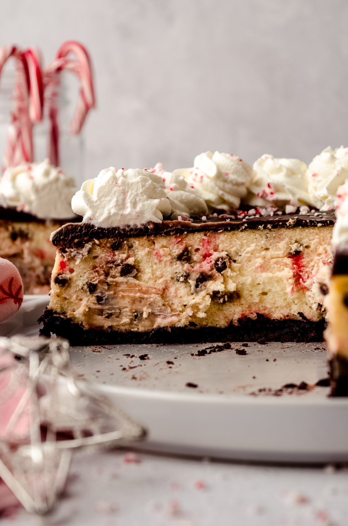 A photo of a peppermint bark cheesecake sitting on a plate so you can see the cross section of the cheesecake