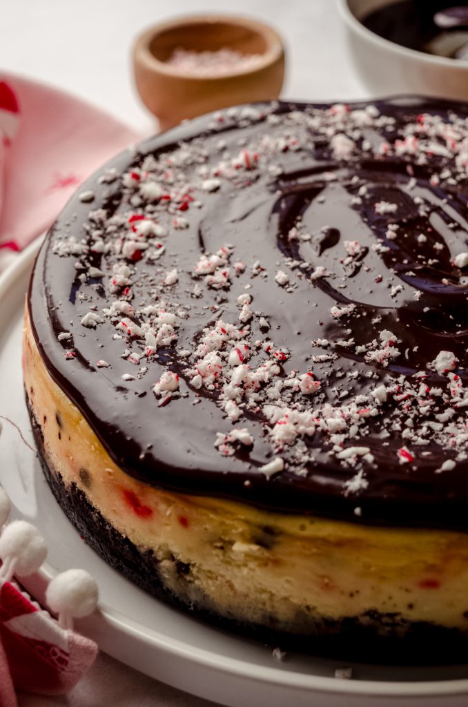 A peppermint bark cheesecake on a plate.