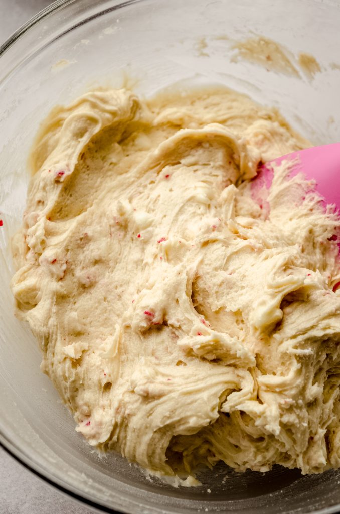 White chocolate peppermint cookie dough in a bowl.