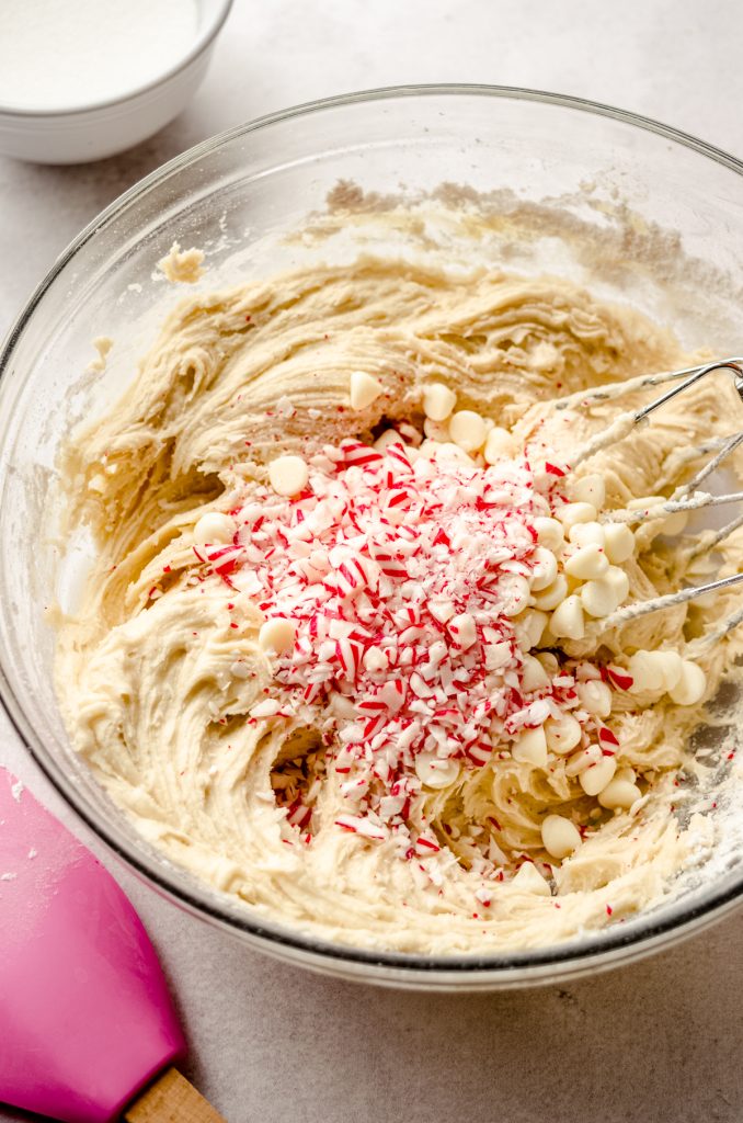 White chocolate peppermint cookie dough in a bowl.