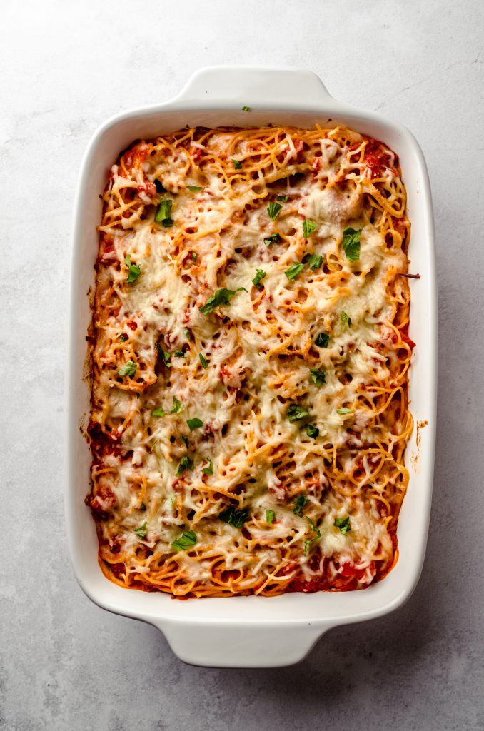 Aerial photo of a casserole of baked spaghetti.