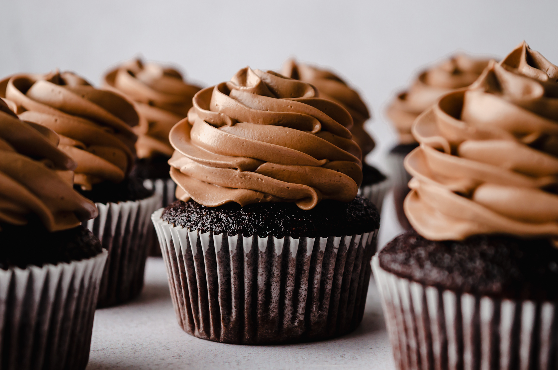 Chocolate cupcakes with chocolate Swiss meringue buttercream piped on top.