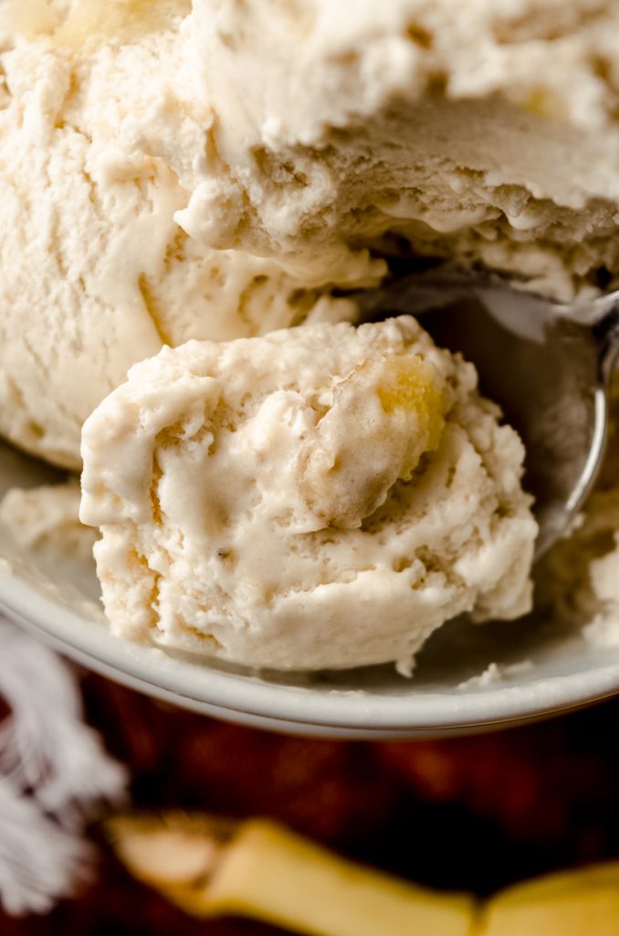 A closeup of a spoon in a bowl of banana ice cream with a bite sitting on the spoon so you can see the roasted bananas.