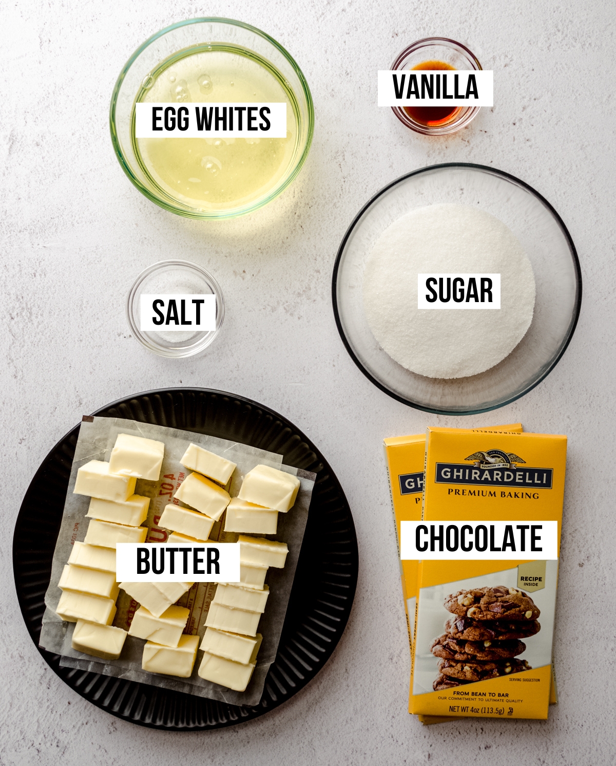 Aerial photo of ingredients to make chocolate Swiss meringue buttercream with text overlay labeling each ingredient.