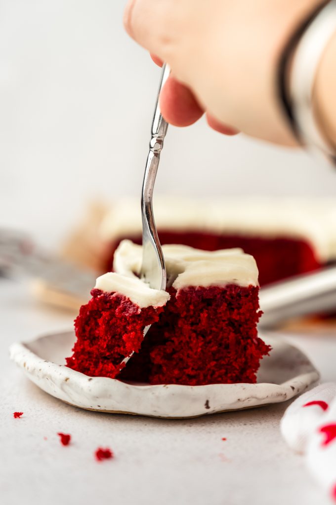 A slice of red velvet sheet cake on a plate with someone's hand using a fork to take a bite.