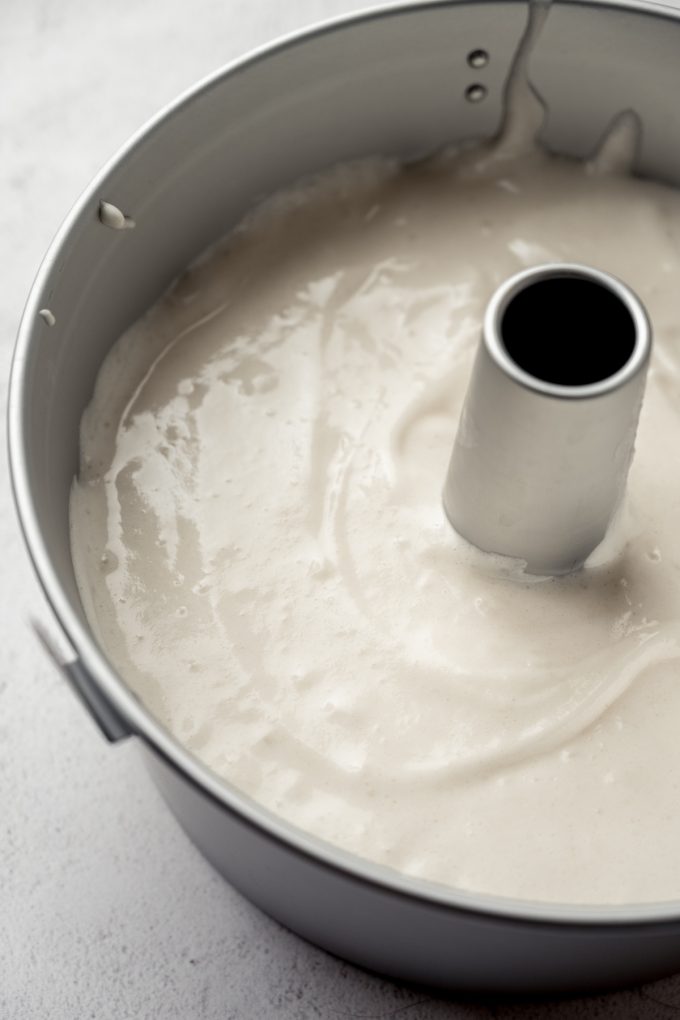 The batter for angel food cake in a tube pan.