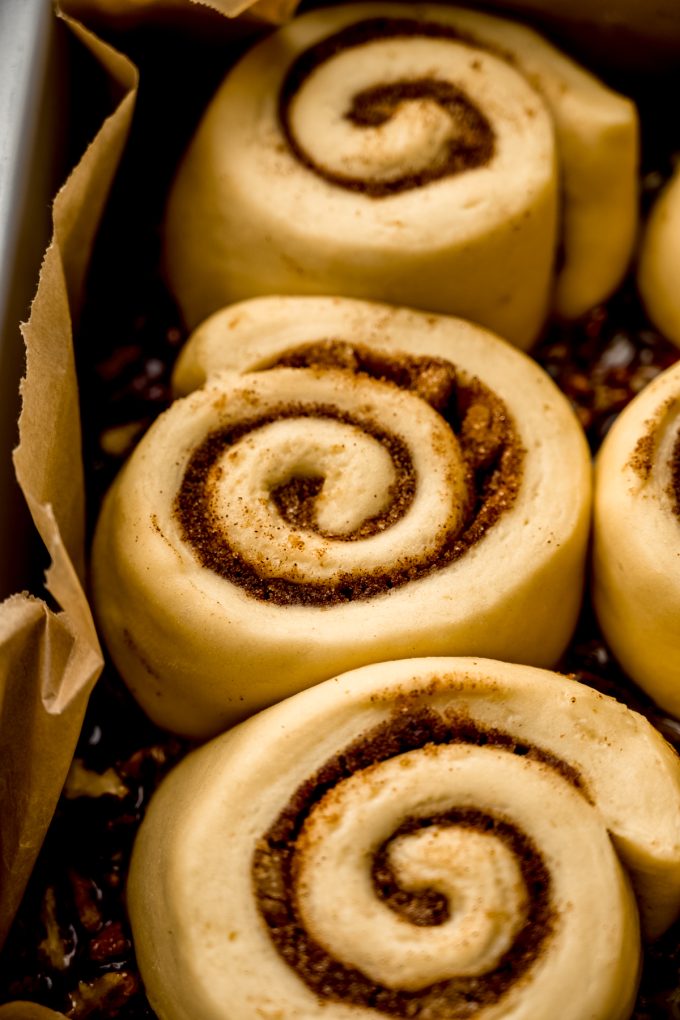 Sticky buns in a baking pan after rising.