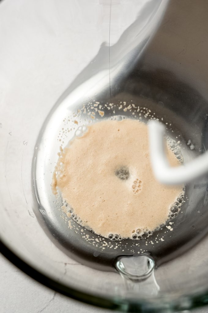 Activated yeast in the bowl of a stand mixer.