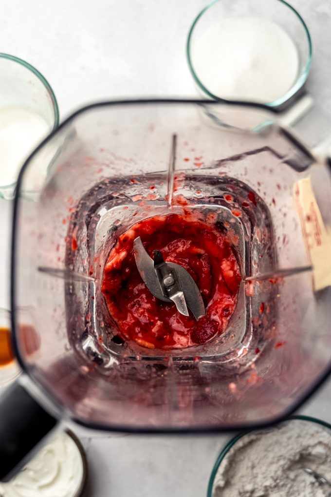 Aerial photo of strawberries in a blender.