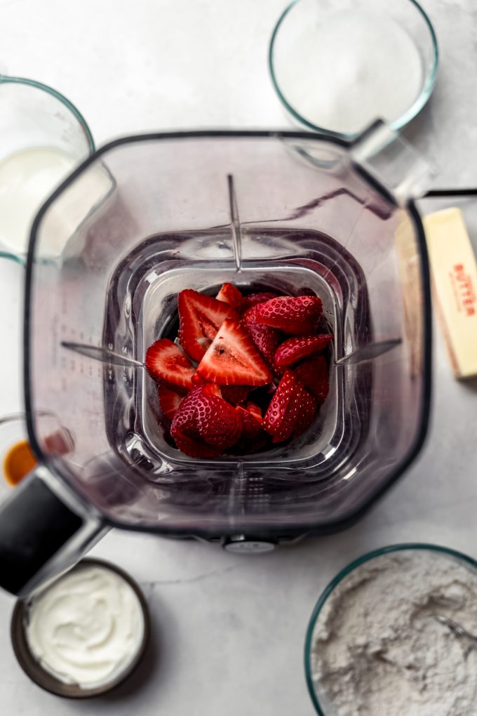 Aerial photo of strawberries in a blender.