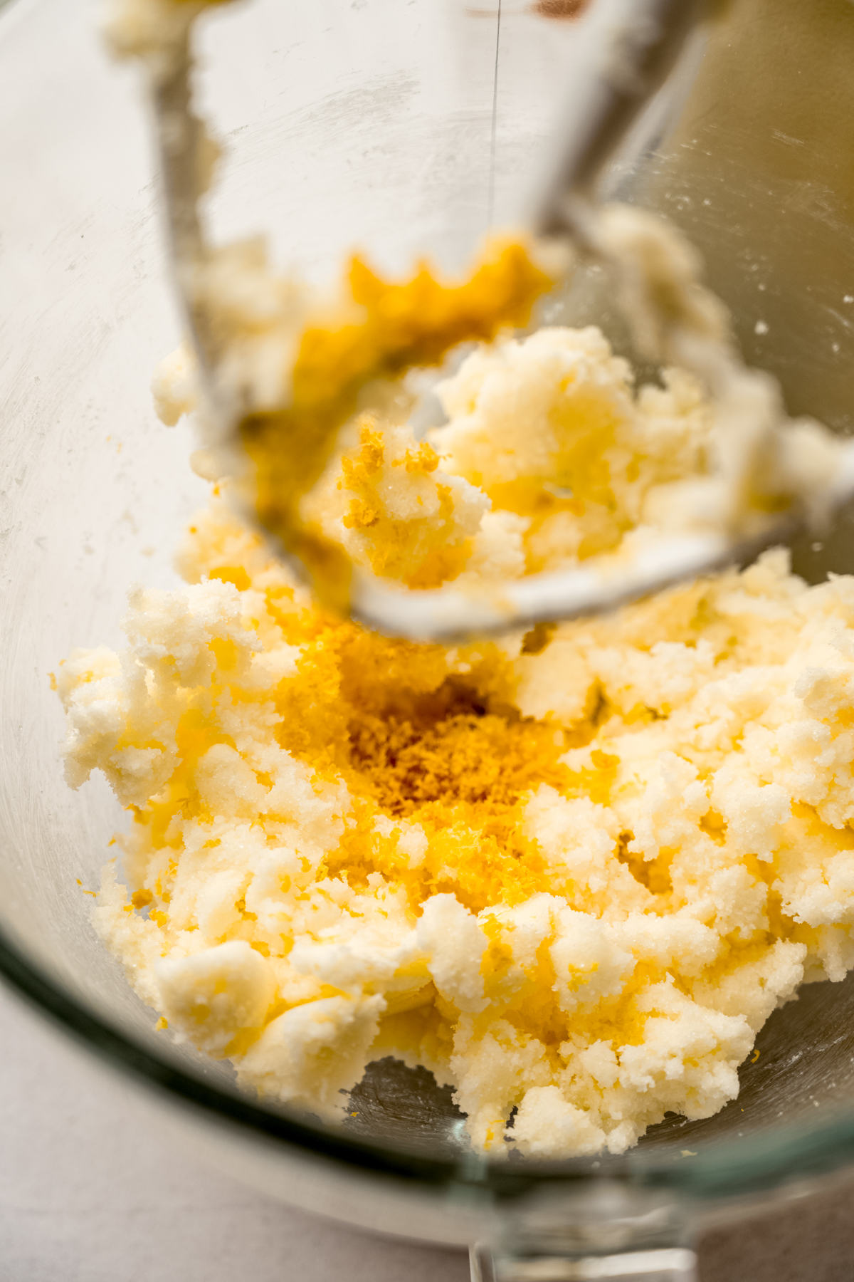Butter, sugar, and lemon zest in the bowl of a stand mixer