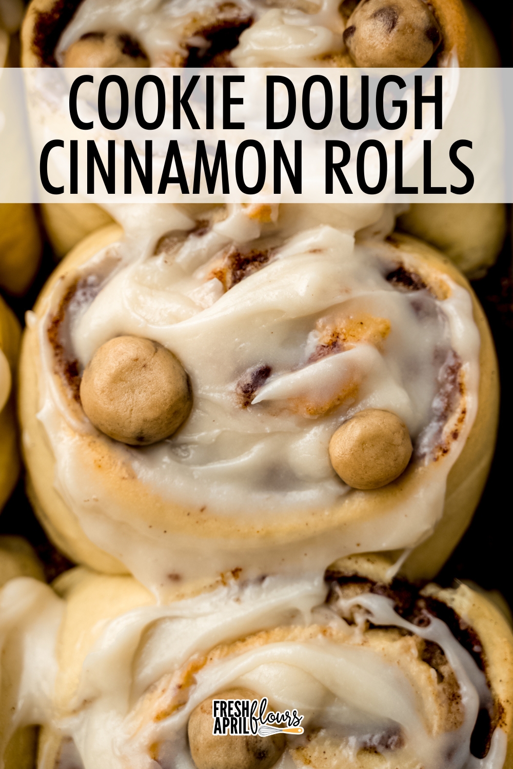 These small batch cookie dough cinnamon rolls start with my trusted cinnamon roll recipe and get a sweet upgrade with edible cookie dough in the filling and on top of the velvety smooth cream cheese frosting. The ultimate mashup of two beloved treats! via @frshaprilflours