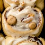 Aerial photo of cookie dough cinnamon rolls in a baking dish.