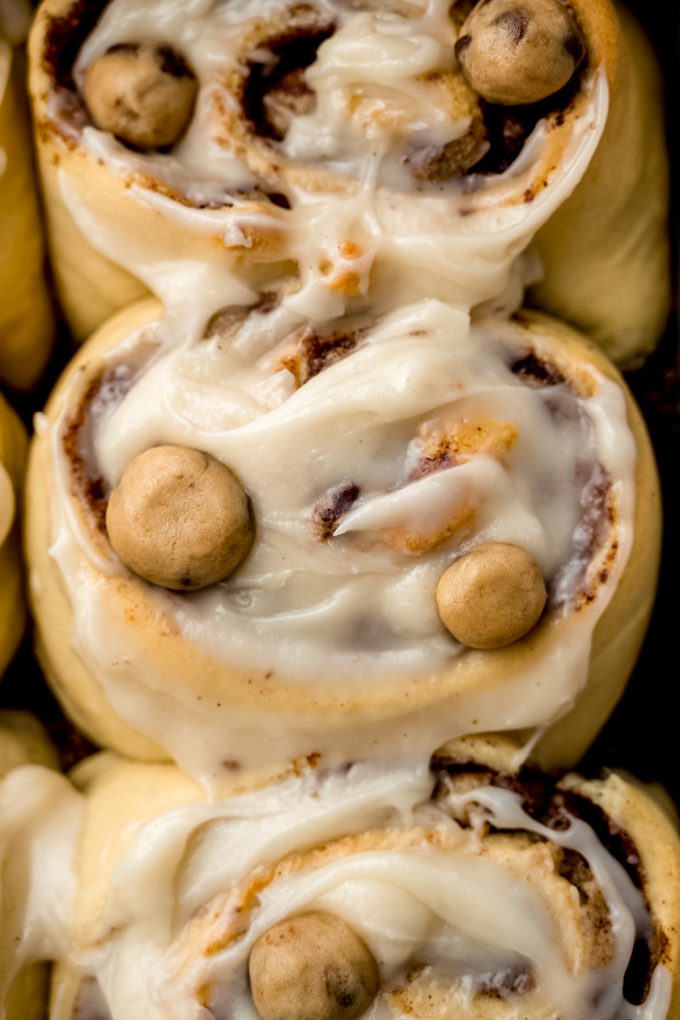 Aerial photo of cookie dough cinnamon rolls in a baking dish.