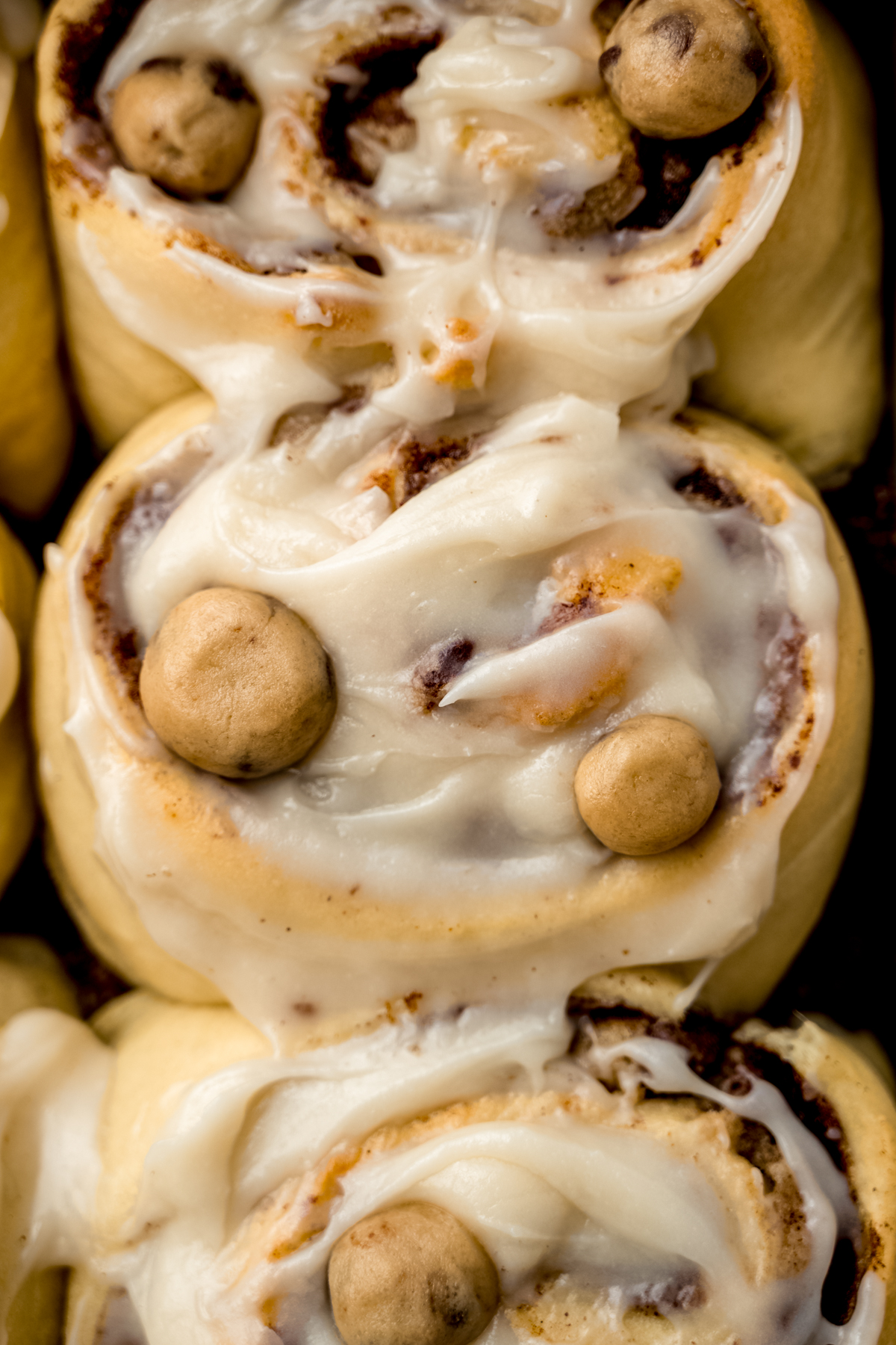Aerial photo of cookie dough cinnamon rolls in a baking dish.