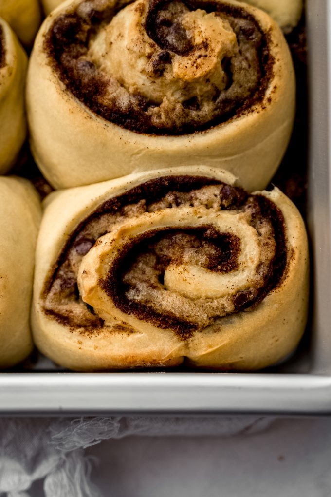 Aerial photo of cookie dough cinnamon rolls in a baking dish before adding frosting.