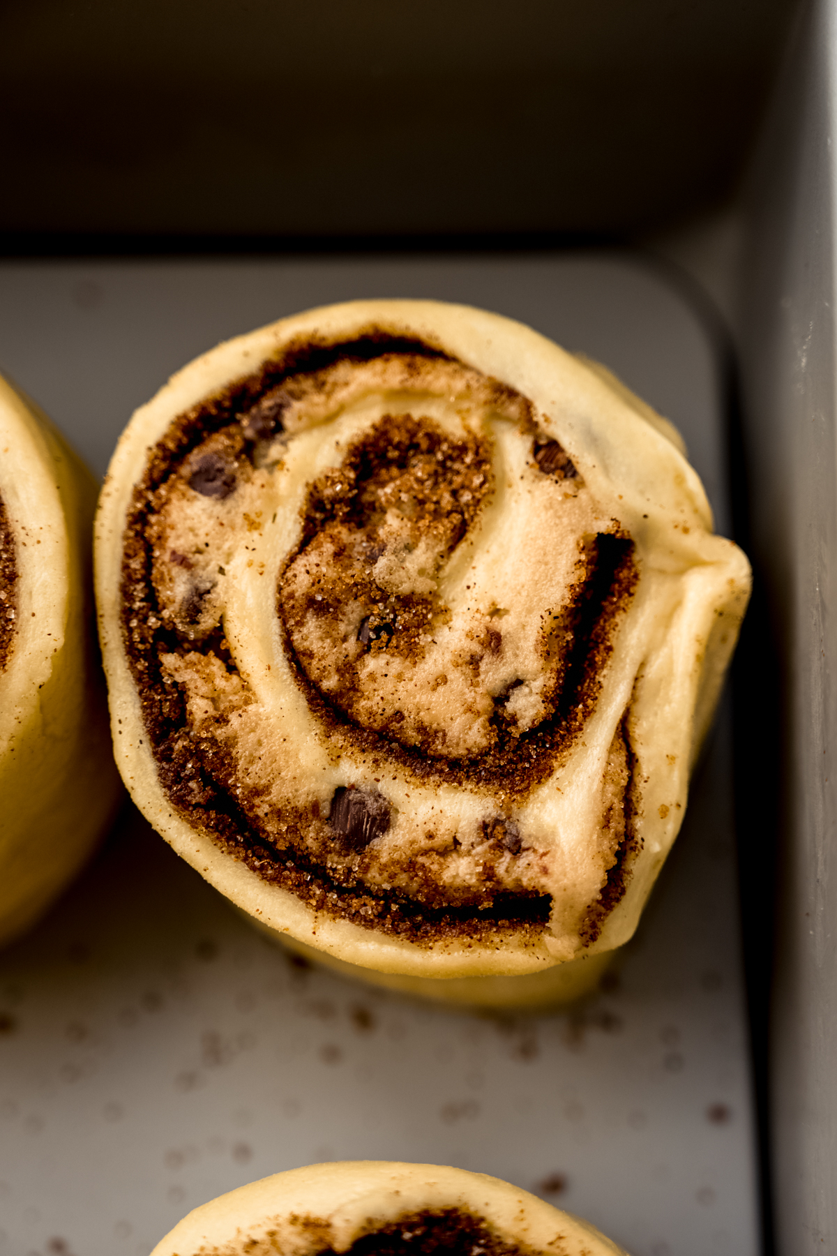 Aerial photo of a cookie dough cinnamon roll before baking.